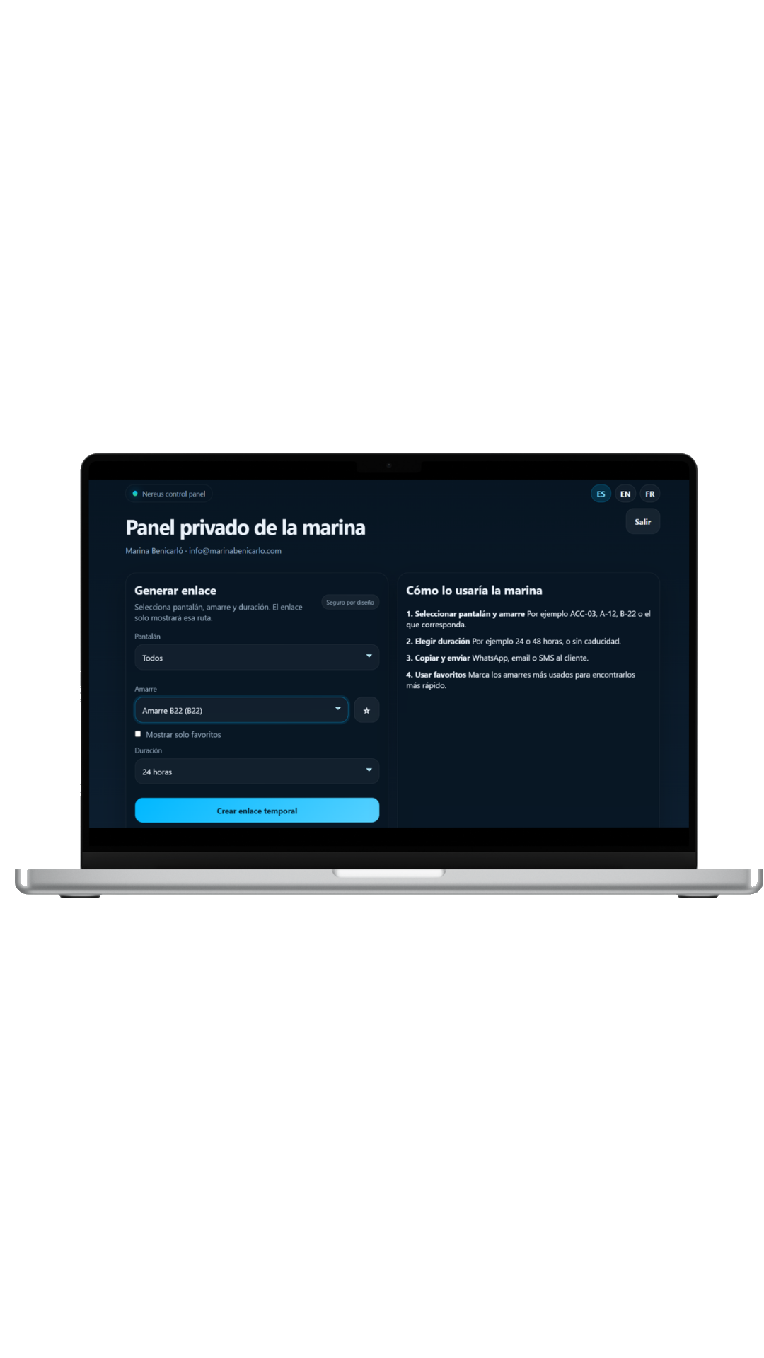 Panel de administración de NereusNav