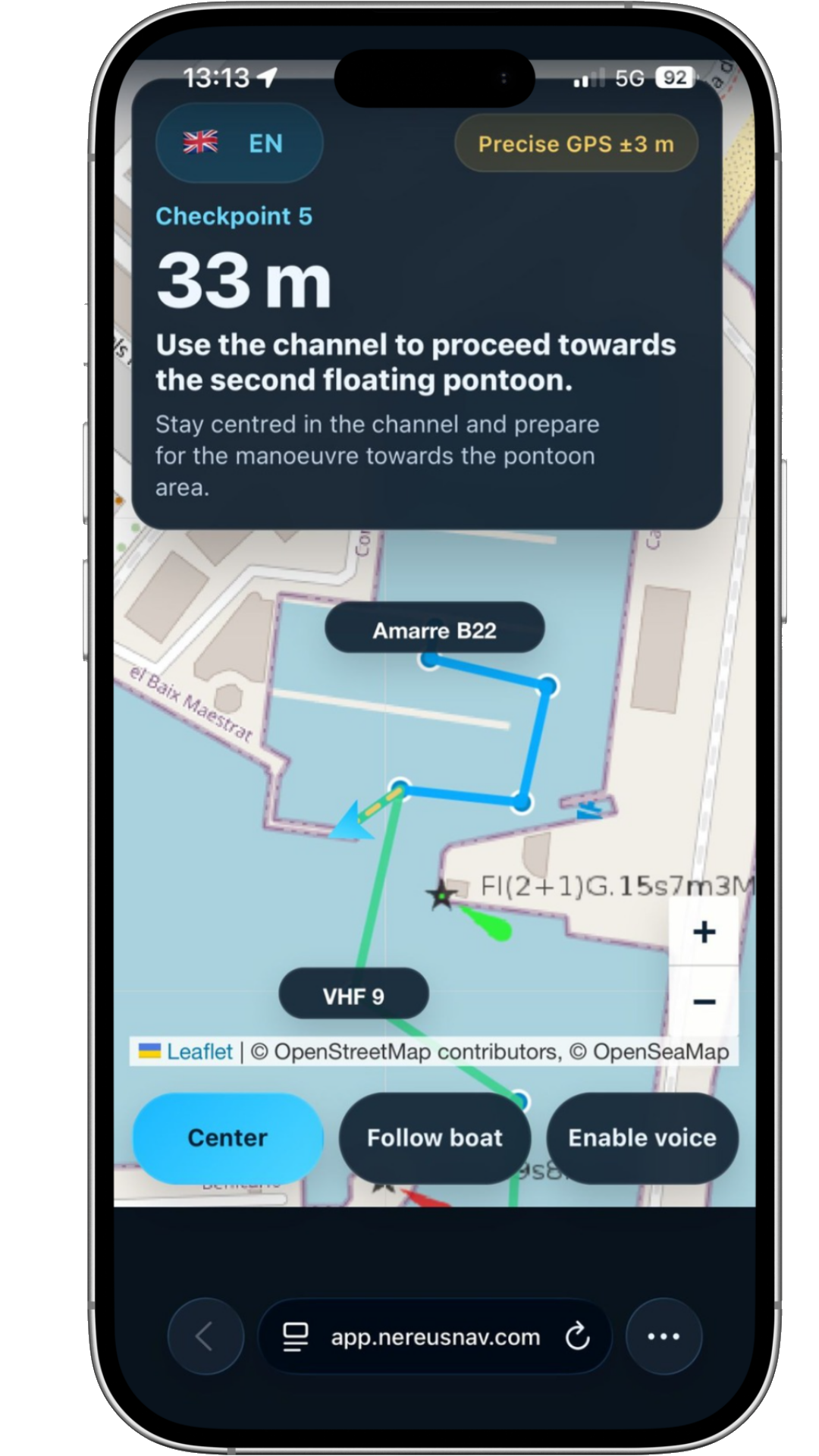 NereusNav on mobile in English showing berth navigation
