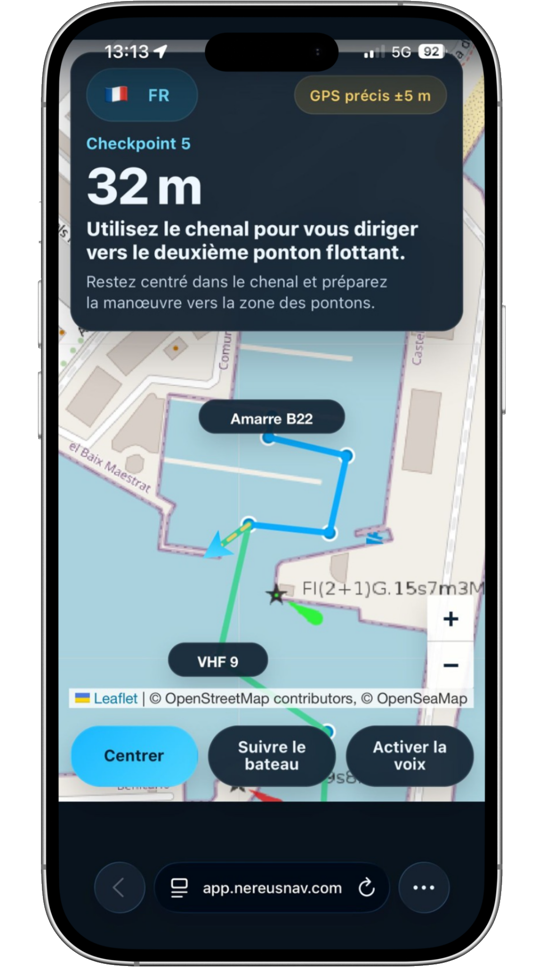 NereusNav sur mobile en français affichant la navigation vers le poste